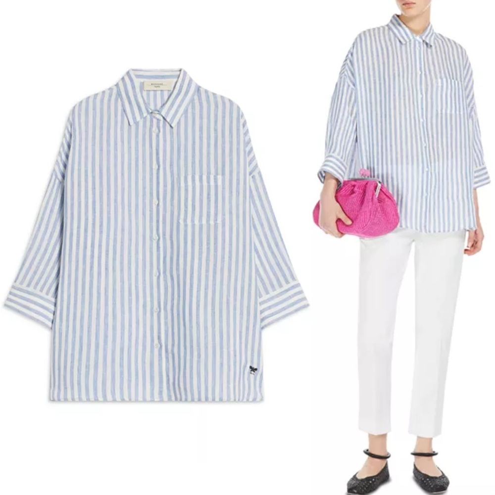 MaxMara Weekend Max Mara Linen Striped Shirt Cornflower Blue Size US 4